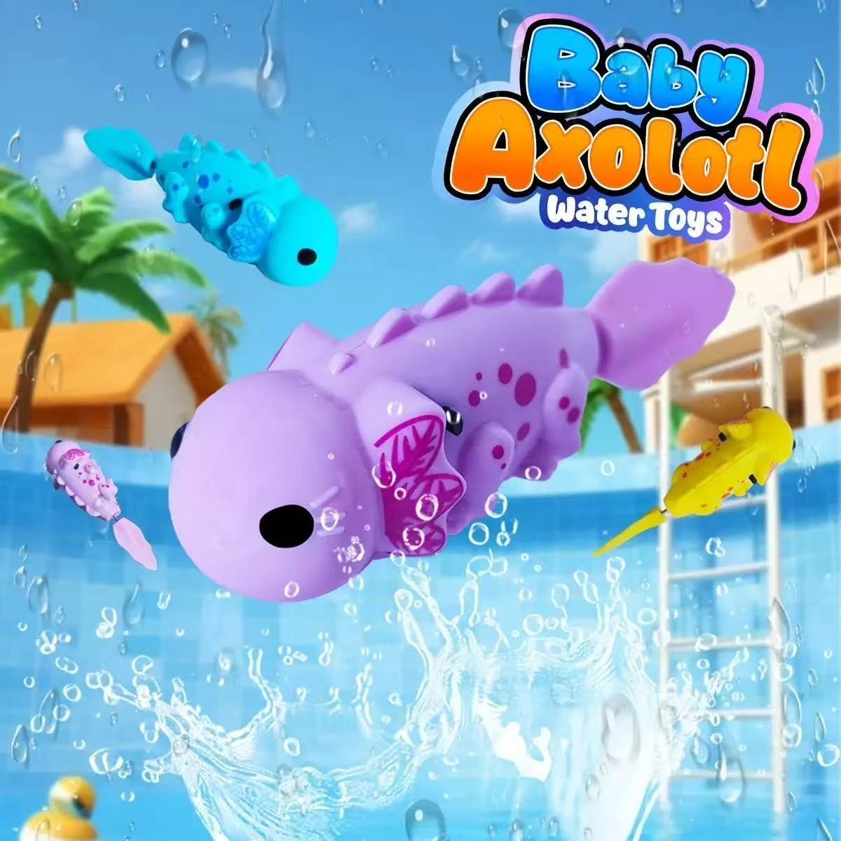 Supplied Baby Axolotl campaign featuring the purple toy fish and other colours.