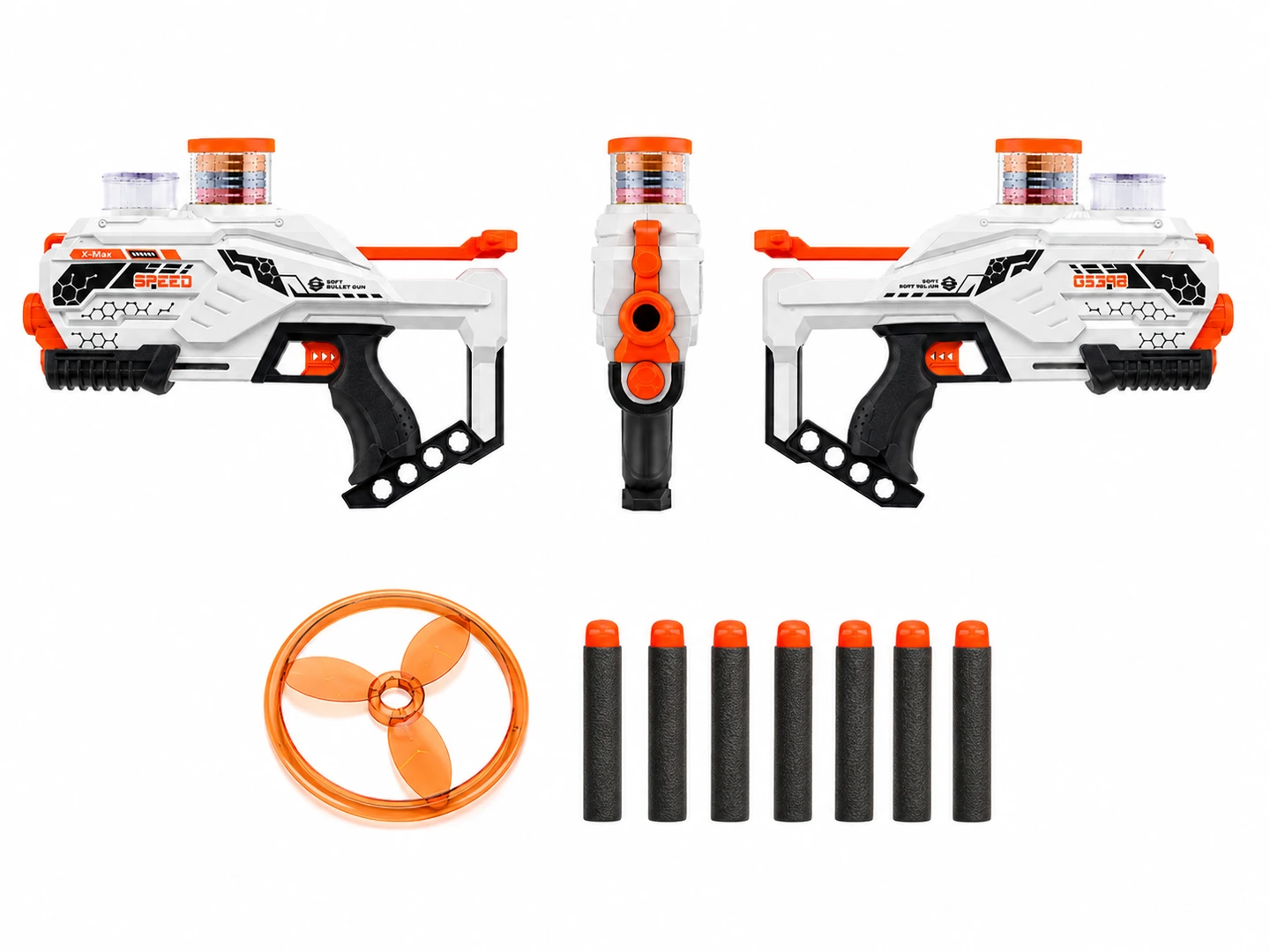 White soft-dart toy blaster with orange muzzle and trigger, black grip and original printed graphics, shown from the side.