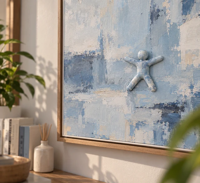 A painted figure camouflaged within blue and white artwork