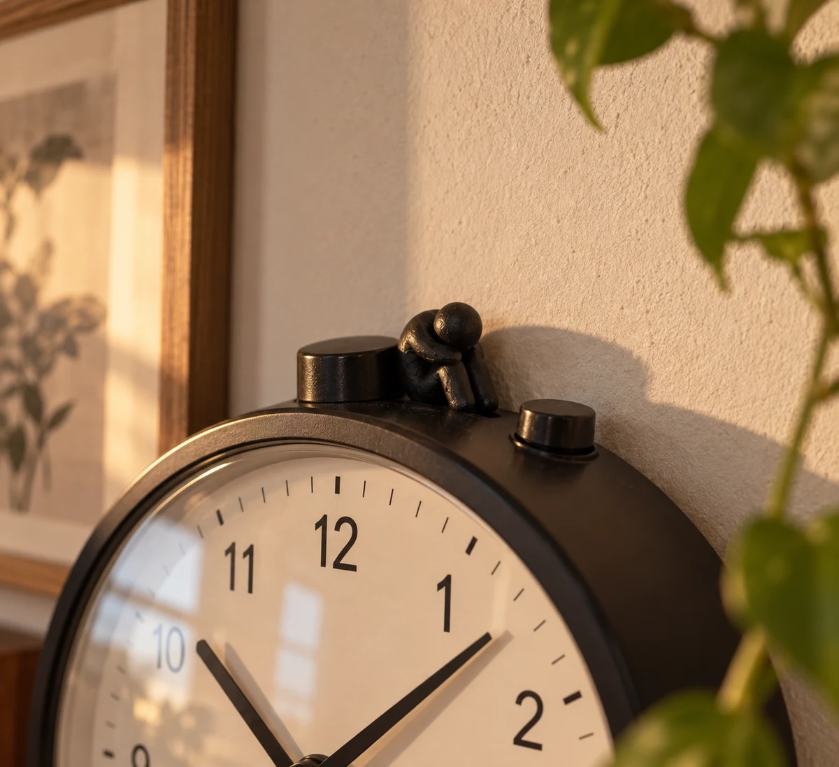 A dark painted figure sits curled up on a black clock, blending into its surroundings.