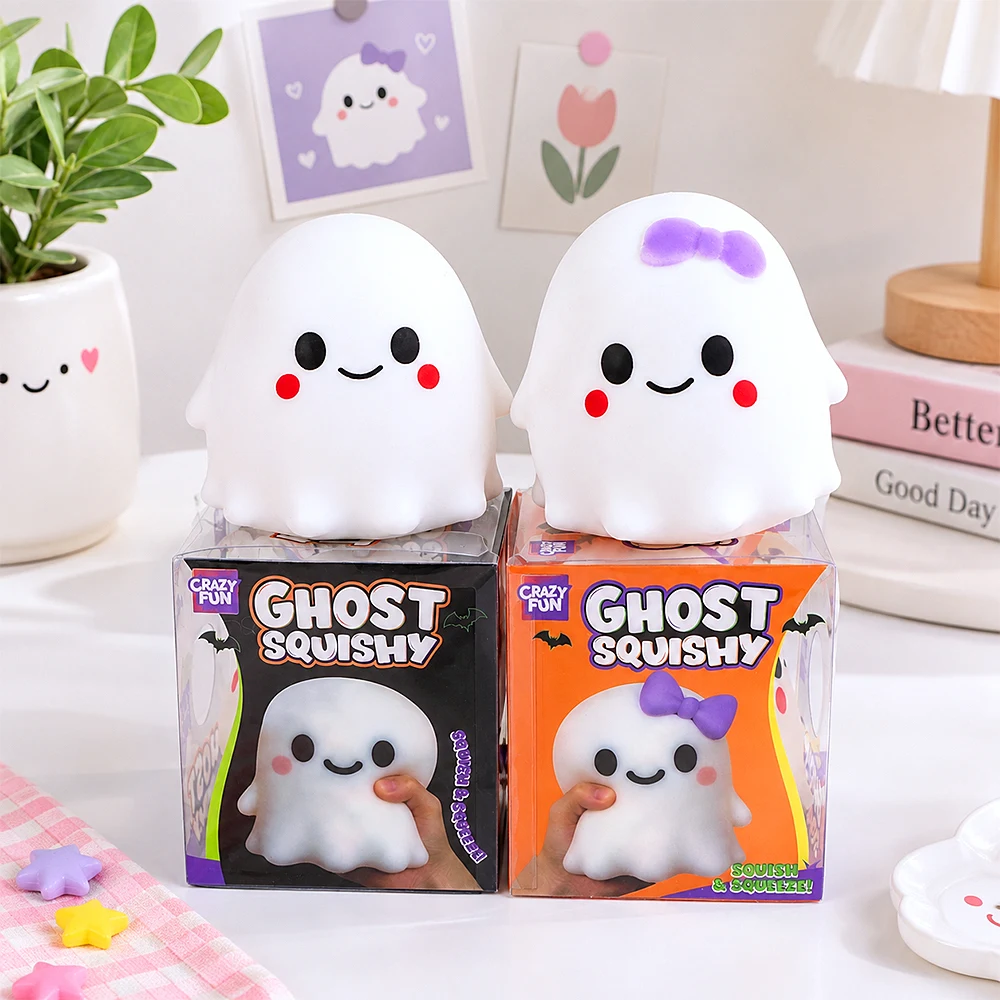 Ghost squishy characters displayed on their retail boxes.