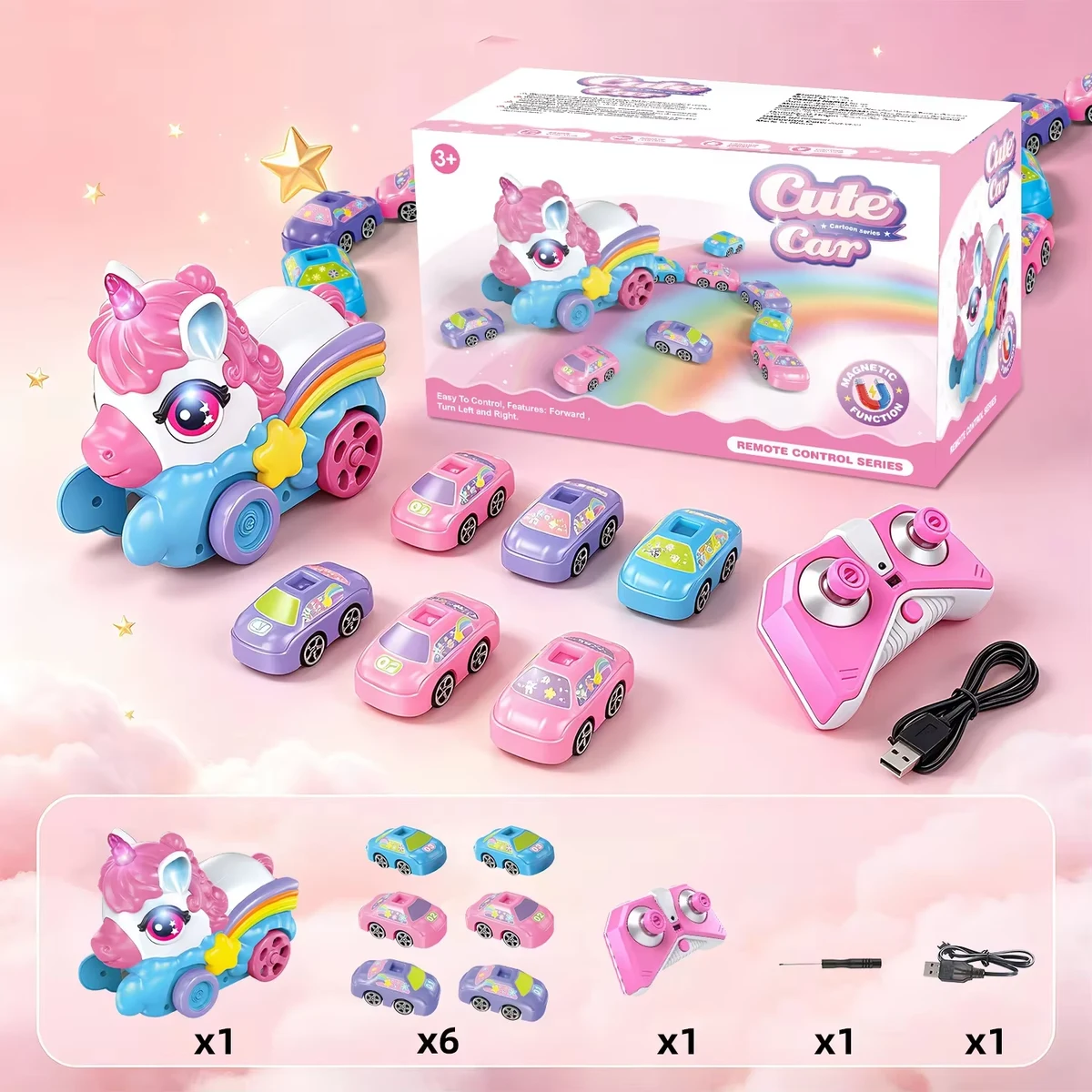 Unicorn transporter, six mini cars, controller and accessories shown in the catalogue.
