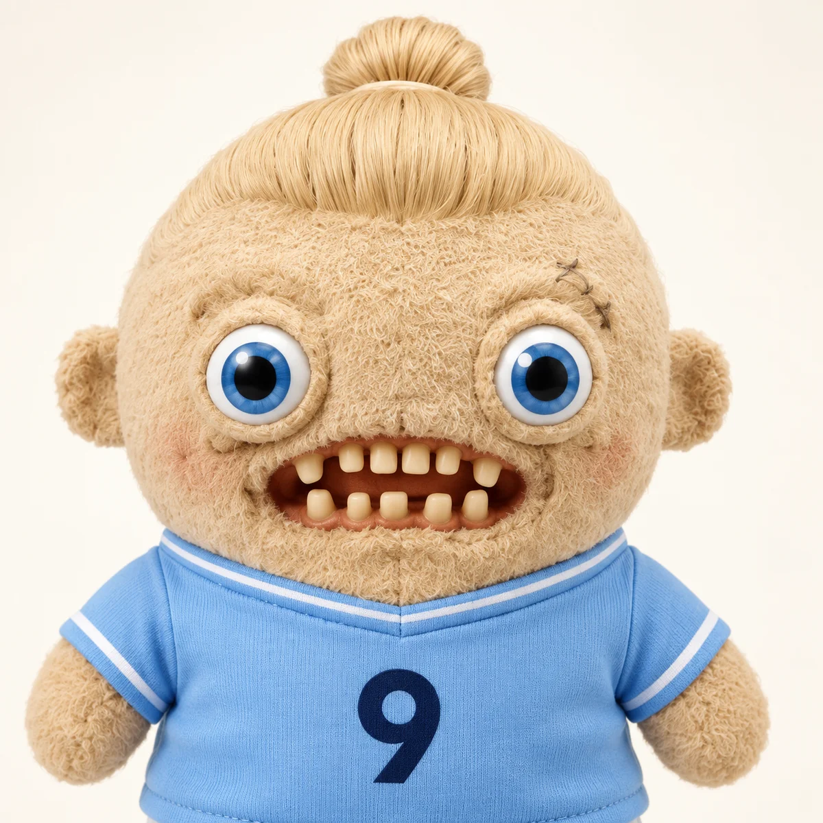 Close-up of Weegler’s blond bun, blue eyes, toothy smile and blue football shirt.